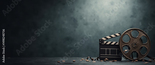 Film Production Company — Cinematic Background with Vintage Film Reel and Clapperboard Icon