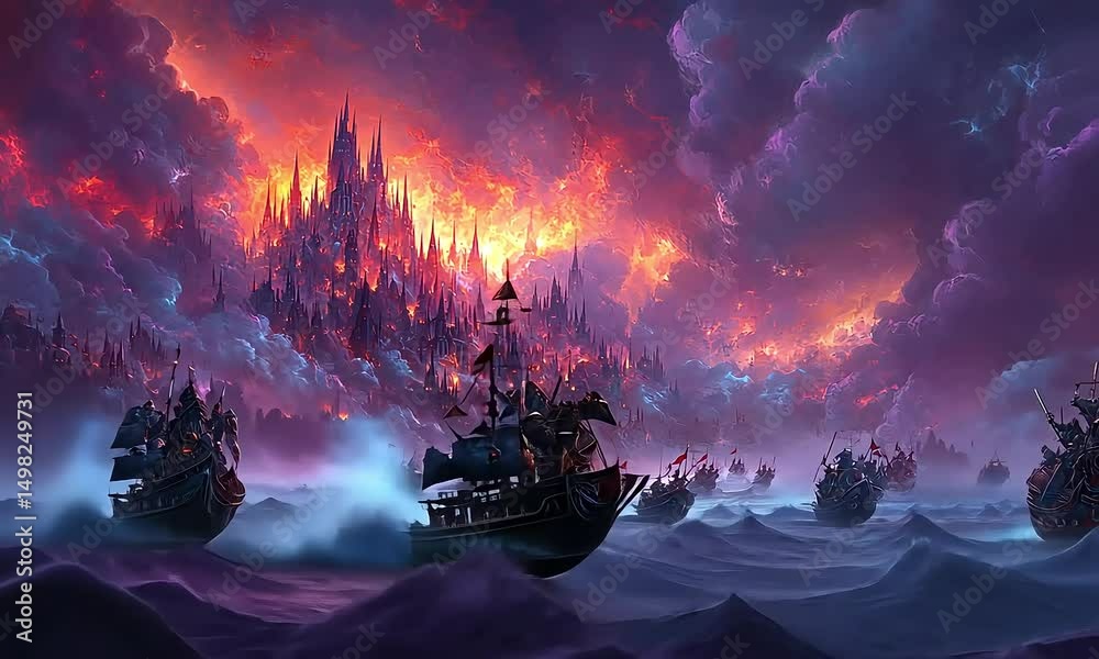 Fiery fortress besieged by a fleet of ships on a stormy sea