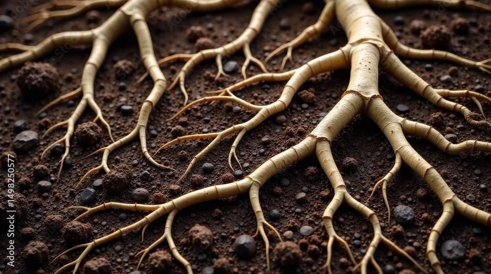 Fototapeta premium Detailed Close-up of a Plant's Extensive Root System Embedded Deep Within Rich, Dark Soil