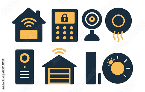 Two-Color vector icons of smart living: home hub, security keypad, indoor camera, smoke detector. Smart intercom, garage opener, smart door sensor, heating control.