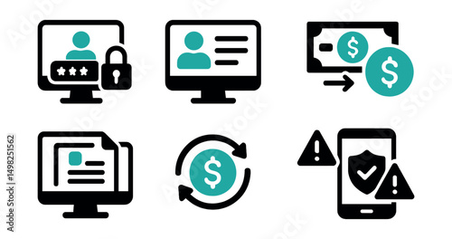 Two-Color vector icons of online banking: login authentication, account overview, bank transfer, digital invoice. Bill payment, recurring transaction, account security, fraud alert.