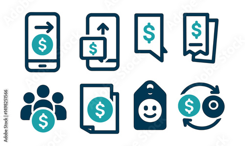 Two-Color vector icons of peer-to-peer payments: send money icon, receive request, split bill, group transaction. Payment note, emoji in transfer, friend payment tag, transfer animation.