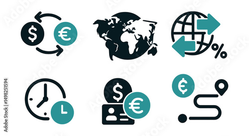 Two-Color vector icons of remittance and global transfer: currency exchange, world map icon, international arrows, transfer fee. Time delay icon, recipient info, conversion rate, transaction route.