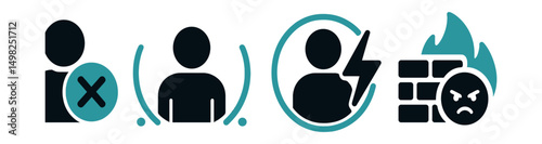 Two-Color vector icons of emotional boundaries: saying no, personal boundary line, protect energy, toxic block. Assertiveness icon, space respect, emotional firewall, peace bubble.