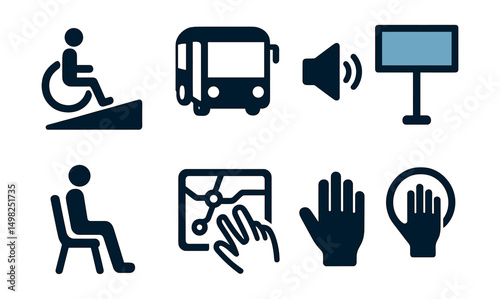 Two-Color vector icons of inclusive mobility: wheelchair ramp, low-floor bus, audio announcement, visual display. Accessibility icon, priority seating, tactile map, assistance request.
