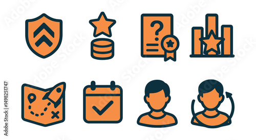 Two-Color vector icons of gamified learning: level up badge, star points, quiz reward, leaderboard icon. Achievement unlock, learning mission, daily challenge, avatar upgrade.