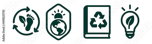 Two-Color vector icons of eco education: sustainability icon, climate badge, zero waste book, green tips. Eco awareness, footprint icon, learning leaf, lifestyle shift.