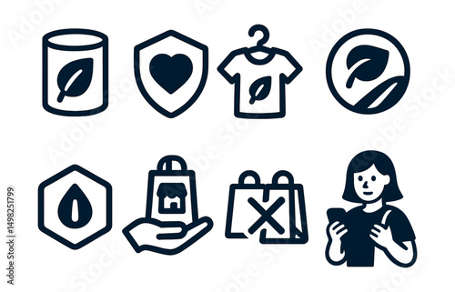 Two-Color vector icons of conscious consumption: product ingredients icon, ethical brand, sustainable fashion, low-carbon badge. Biodegradable label, support local icon, no overbuying, mindful