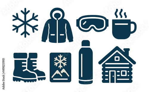 Two-Color vector icons of winter travel: snowflake, winter jacket, ski goggles, hot drink. Snow boots, mountain pass, thermal bottle, cabin icon.