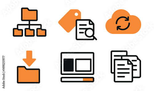 Two-Color vector icons of digital organization: folder tree, tag system, file search, cloud sync. Drag-and-drop icon, upload bar, workspace layout, document group.