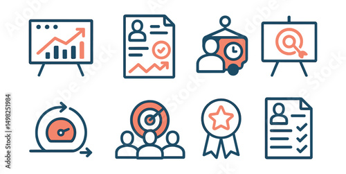 Two-Color vector icons of team performance: KPIs board, progress report, weekly sync, achievement chart. Sprint icon, team goal, milestone badge, performance review.