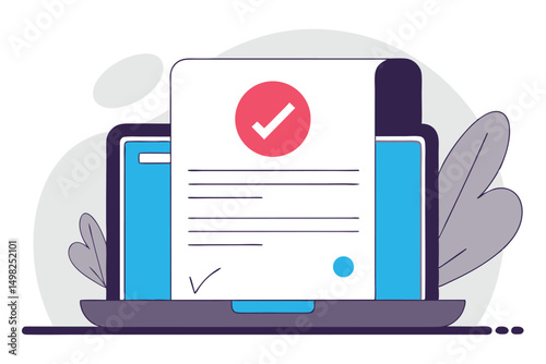 Approved document displayed on a laptop screen represents successful task completion and agreement