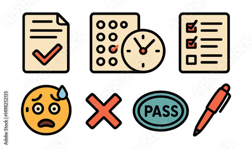 Outline with Fill style icons of exams and testing: test paper, multiple-choice sheet, ticking clock, exam checklist, nervous emoji, correction mark, pass stamp, red pen.