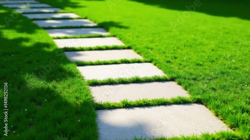 Serene Stepping Stones Through Lush Green Lawn, a Pathway to Tranquility and Relaxation