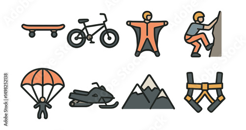 Outline with Fill vector icons of extreme sports: skateboard, BMX bike, wingsuit, rock climber, parachute, snowmobile, mountain peak, safety harness.