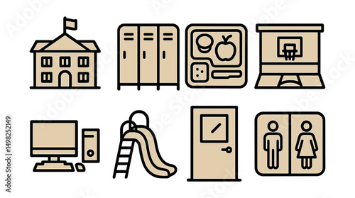 Outline with Fill style icons of school infrastructure: building facade, hallway lockers, cafeteria tray, gymnasium icon, computer lab, playground slide, classroom door, restroom sign.