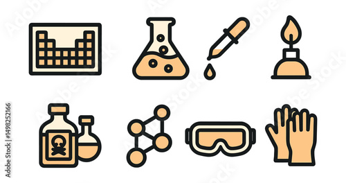 Outline with Fill icon set for chemistry tools: periodic table, flask with reaction, pipette, Bunsen burner, chemical bottles, molecular structure, goggles, safety gloves.