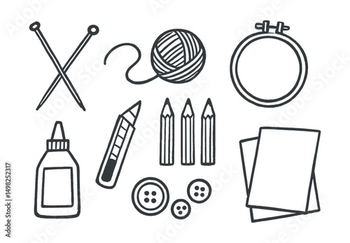 Hand-drawn vector icons of hobbies and crafts: knitting needles, yarn ball, embroidery hoop, paper cutter, colored pencils, glue bottle, buttons, craft paper.