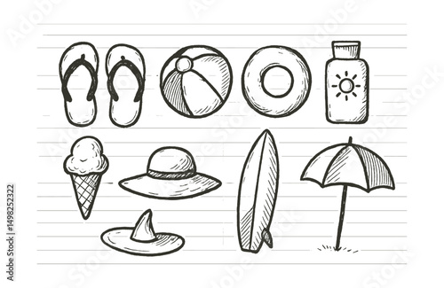 Hand-drawn vector icons of summer vacation: flip flops, beach ball, swim ring, sunscreen bottle, ice cream cone, sunhat, surfboard, beach umbrella.