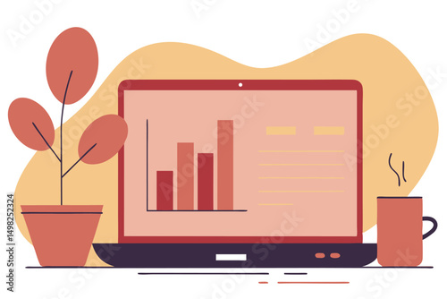 Flat illustration of laptop displaying business charts next to plant and coffee cup