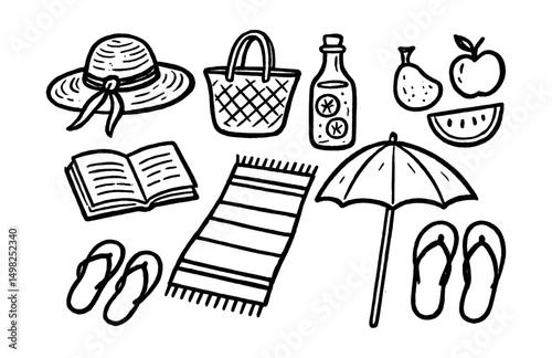 Hand-drawn vector icons of beach picnic: sun hat, straw basket, lemonade bottle, fresh fruit, book, beach towel, umbrella, sandals.