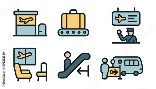 Outline with Fill icon set for airport navigation: terminal gate, baggage claim, customs officer, arrival board, departure lounge, escalator, boarding zone, airport shuttle.