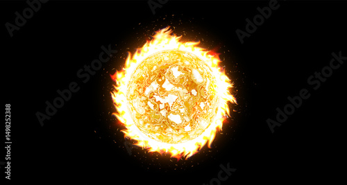 Burning fireball or solar sphere with intense flames and glowing energy on black background for scifi covers, cosmic designs, warming infographic. Hot sun BG. Vector illustration