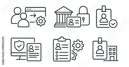 Line style icons of digital identity: enterprise KYC integration, institutional ID system, employee access credentials, role-based permission icon, identity compliance dashboard, user registry