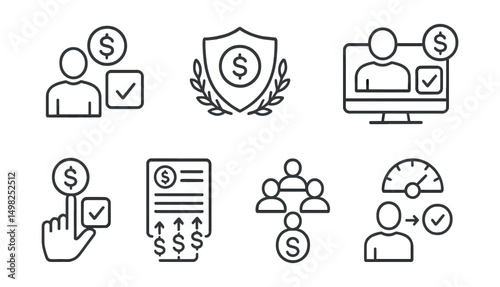 Line style icons of crypto staking: validator voting icon, staking governance badge, DAO staker voting screen, stake-to-vote icon, proposal-based staking rewards, community validator icon, staker