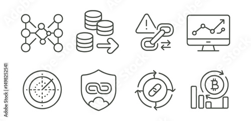 Line style icons of crypto forecasts: cross-chain prediction model, asset migration forecast, bridge token flow alert, interoperability forecast tool, multi-chain trend radar, chain activity forecast
