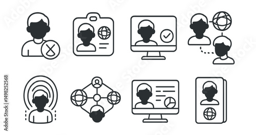 Line style icons of multiverse apps: cross-metaverse avatar, multiverse identity badge, universal login icon, avatar sync across worlds, multiverse teleportation portal, connected virtual realms,