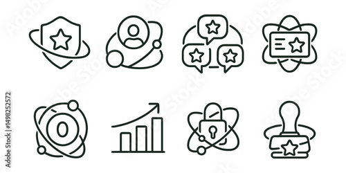 Line style icons of multiverse apps: multiverse loyalty badge, user level across platforms, reputation sync across apps, universal badge collection, multiverse points tracker, tier upgrade system,
