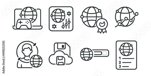Line style icons of multiverse apps: multiverse game launcher, universal settings panel, shared performance metrics, cross-game achievement tracker, avatar progress sync, game save cloud icon,