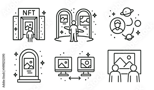 Line style icons of multiverse apps: NFT exhibition room, art gallery across worlds, shared creator profile, multiverse curator icon, NFT showcase window, virtual sculpture display, cross-metaverse