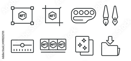 Line style icons of NFT crafting: visual editor canvas, NFT crop tool, color palette selector, brush and pen icons, animation timeline slider, frame-by-frame view, filter overlay icon, asset import