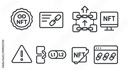Line style icons of NFT crafting: cross-chain mint badge, chain selector menu, multi-network deploy icon, bridge-ready mint tool, blockchain compatibility alert, L1/L2 toggle, wrapped NFT marker,