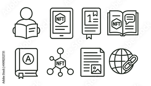 Line style icons of NFT education: NFT textbook reader, digital workbook icon, interactive chapter token, annotated NFT guide, glossary pop-up badge, visual concept map, NFT-based notes page, source