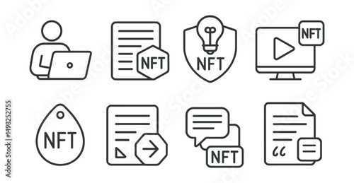 Line style icons of NFT media: reader learning path, educational article token, research highlight badge, tutorial post icon, explainer drop tag, beginner’s article guide, glossary support tag,