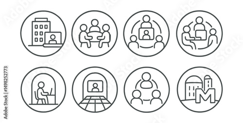 Line style icons of remote Web3 work (circular): virtual office building icon, coworking space bubble, circular workroom node, community DAO workspace, shared working pod, 3D meeting room portal,