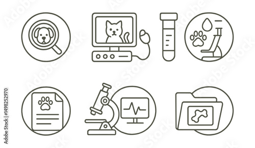 Line style icons of veterinary care (circular): pet diagnostics icon, ultrasound for pets, x-ray scan ring, blood test vial bubble, lab result file, microscope with paw, diagnostic monitor icon,