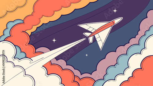 Vibrant Rocket Soaring Through Cosmic Clouds