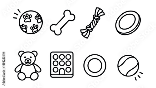 Line style icons of pet toys: squeaky ball, chew bone, rope tug toy, frisbee disc, plush animal, treat puzzle toy, rubber ring, bouncing ball.
