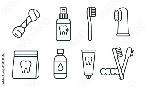 Line style icons of pet accessories: dental chew, breath freshener spray, pet toothbrush, finger brush, dental treat pouch, water additive, oral gel tube, teeth cleaning set.