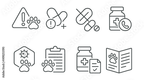 Line style icons of veterinary pharmacy: side effect warning sign, overdose alert icon, contraindication notice, emergency contact on label, allergy caution badge, adverse reaction log, safe use