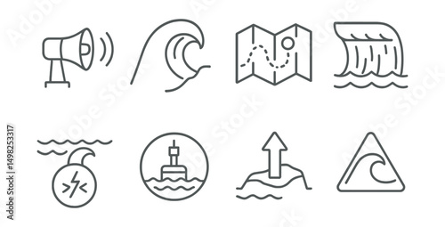 Line style icons of extreme weather: tsunami siren, coastline wave icon, evacuation map, water wall diagram, undersea quake symbol, tsunami buoy badge, high ground arrow, marine danger sign.