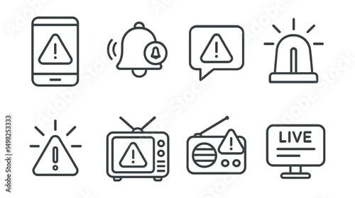 Line style icons of extreme weather: weather alert app, push notification bell, emergency SMS icon, siren symbol, flashing light triangle, TV broadcast alert, radio emergency badge, live update feed.