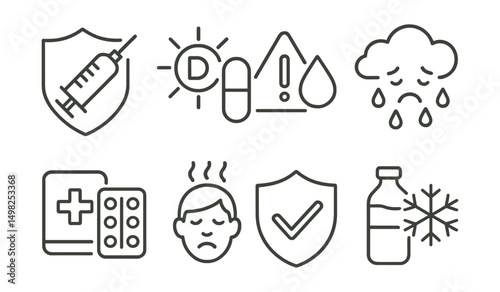 Line style icons of seasonal health: flu shot badge, vitamin D tracker, dehydration alert, seasonal depression icon, cold prevention kit, heatstroke warning, immune booster symbol, winter hydration