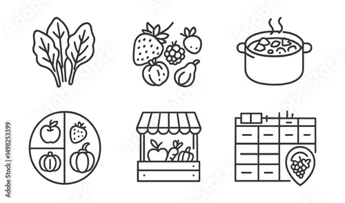 Line style icons of seasonal food: spring greens, summer berries, fall squash, winter stew, seasonal produce wheel, farmer’s market icon, food calendar chart, local harvest symbol.