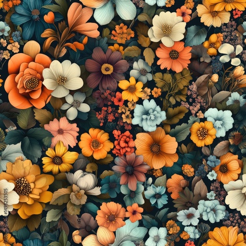 Lush autumnal floral pattern in rich jewel tones