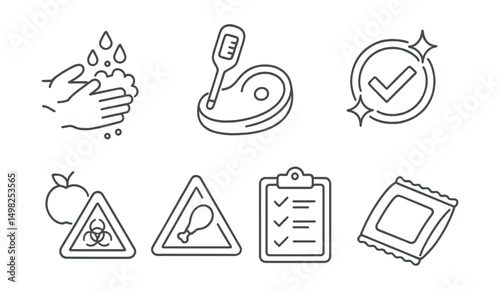 Line style icons of food safety: hand washing icon, food thermometer, clean surface badge, food storage label, contamination warning, raw food alert, sealed package, hygiene checklist.